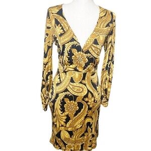 Nieves Lavi New York womens size 6 Silk Dress Paisley yellow Black V Neck